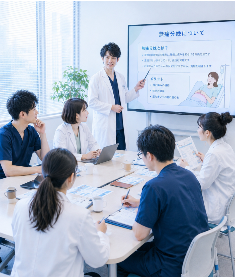 無痛分娩について院内で勉強会を行う様子